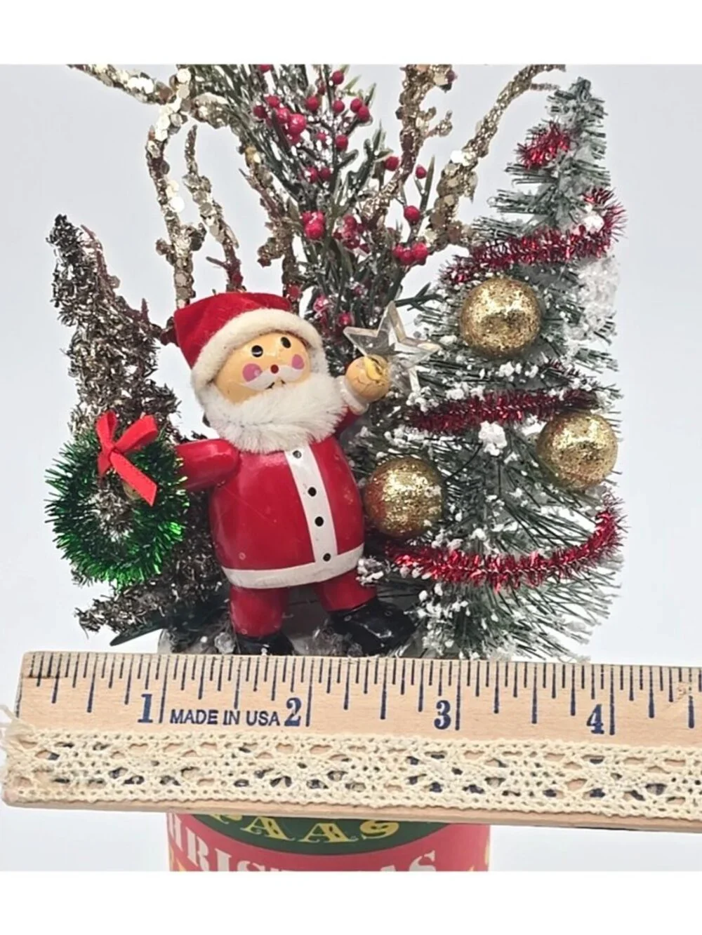 OOAK Christmas Assemblage Art Vtg Kitsch Bottle Brush Tree Santa Mica Handmade